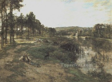 ブルック川の流れ Painting - Troupeau au bord de leau 1904 田園風景 農民 レオン・オーギュスタン・レルミット 風景の流れ